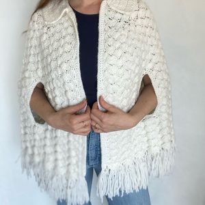 White Acrylic Hand Knit Poncho